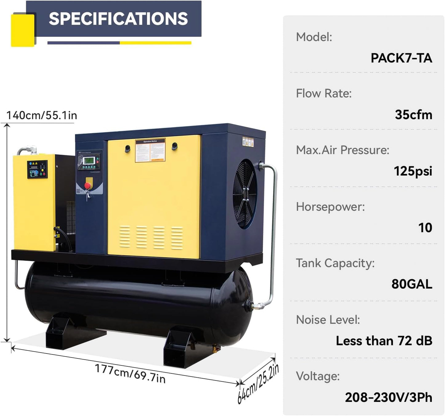 Torin PACK7-TA 7.5KW 10HP Rotary Screw Air Compressor 230V/3Ph 35CFM 125psi with 80Gal ASME Tand & Air Dryer Heavy Duty Air Compressed System All in One