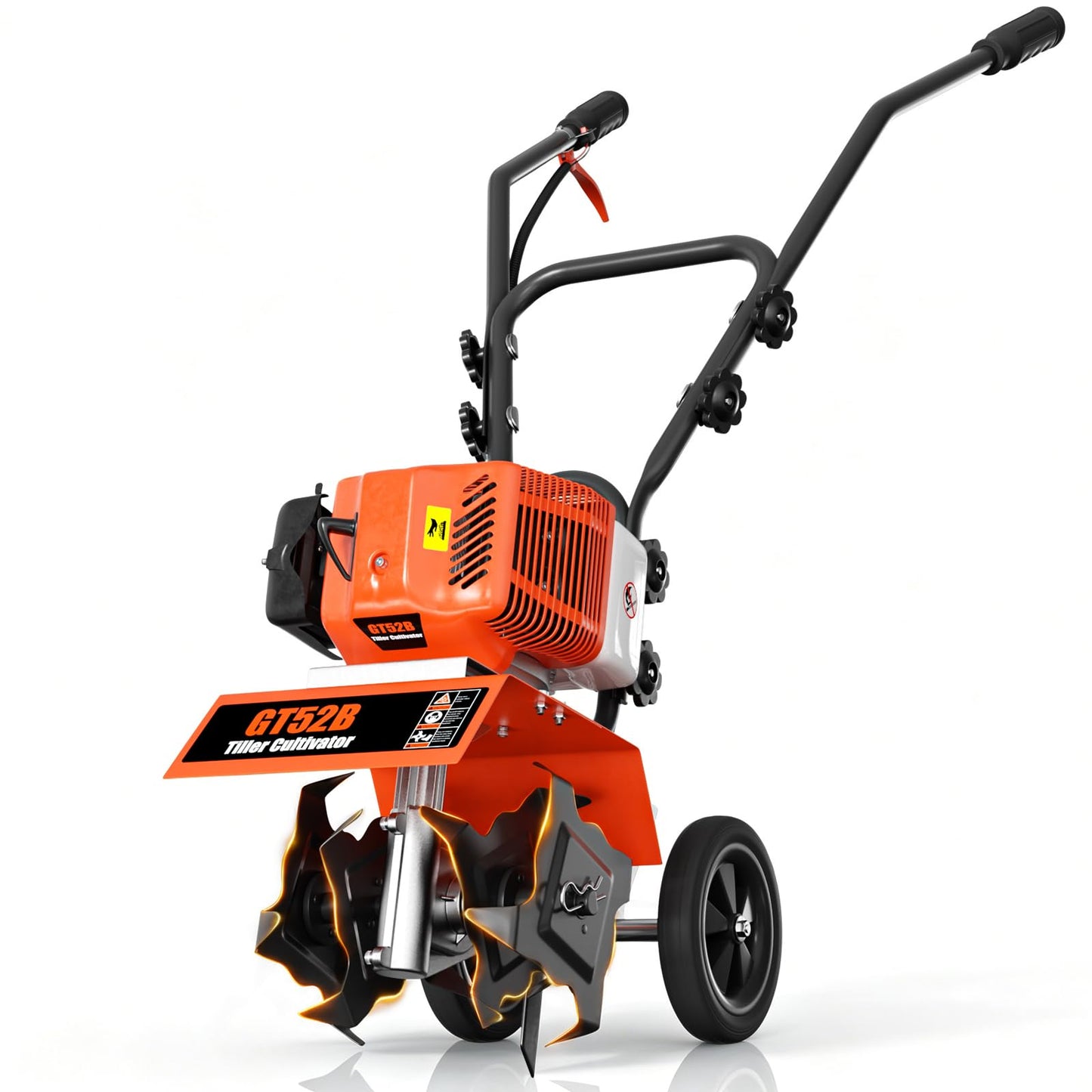 72CC Gas Tiller Cultivator,2 Stroke Gasoline Powered Rototiller,1.5KW 7500RPM,10in Working Width 5in Working Depth, Heavy Duty Garden Tiller for Lawn Yard Soil Cultivation (Orange)