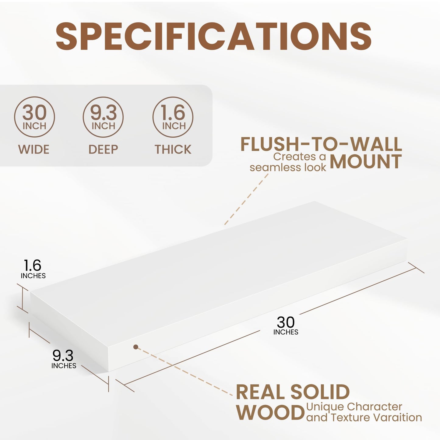 Fun Memories White Floating Shelves for Wall, 30 x 9 Inch Floating Shelf Set of 2, Rustic Natural Wood Wall Shelves, 9" Deep White Bathroom Shelves for Storage & Display