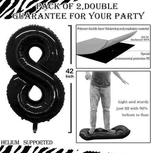 GOER Black Foil Number 8 Balloons - Huge 42" & 32" Birthday Party Decorations (3 Pcs)