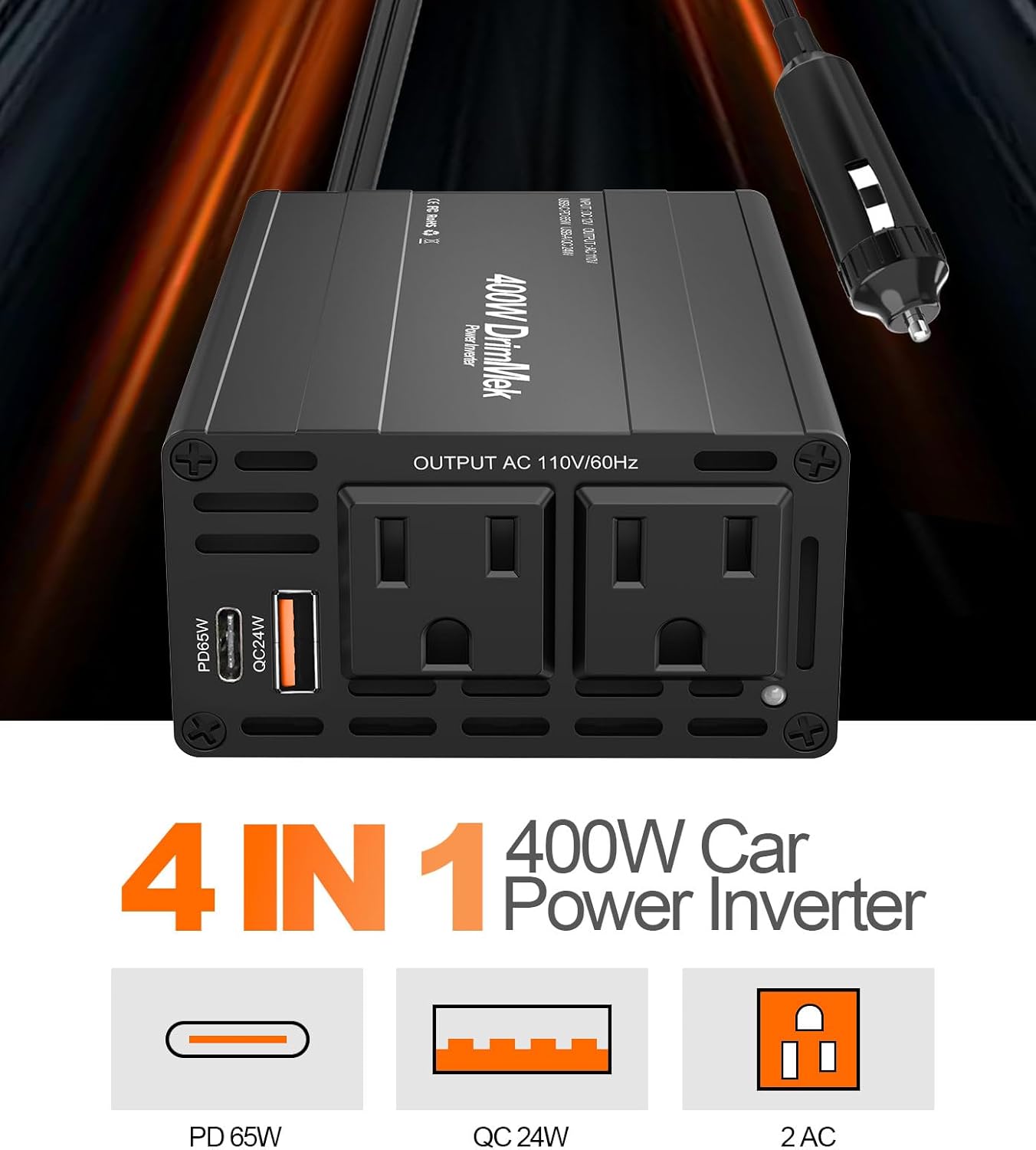 DrimMek 400W 12V 110V 65W 24W Car Power Inverter - Dual DC to AC Car Plug Adapter Outlets, Fast Charging USB C & Port