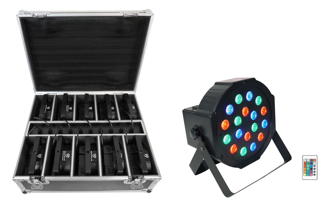 Rockville Battery PAR Pack 50 Black - 10 Pack Rechargeable RGB LED Par Lights with Case, Wireless DMX, 10Hr Battery, Event Stage Lighting