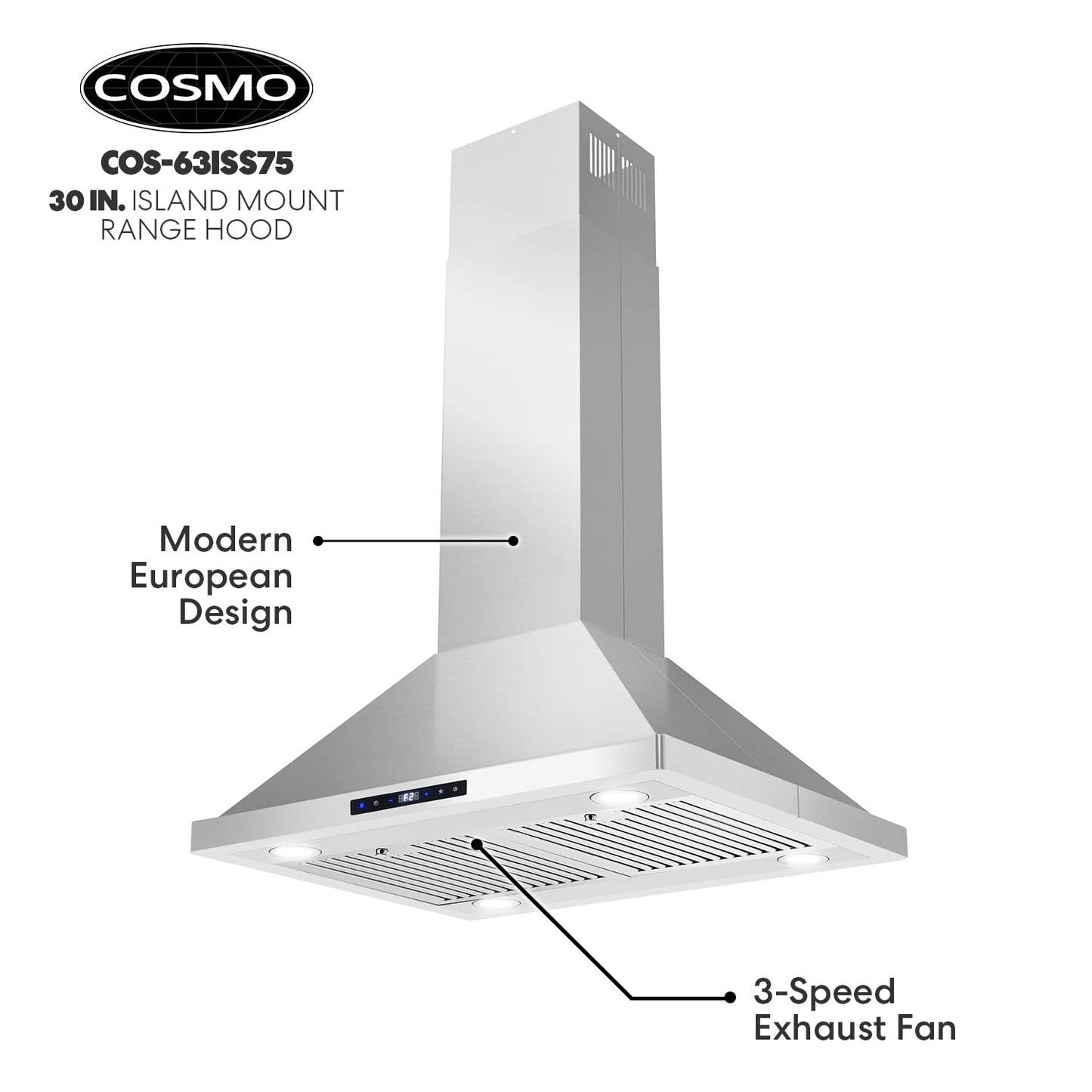 COSMO COS-63ISS75 30 in. Lumin Collection 380 CFM Ducted Island Range Hood, Soft Touch Controls, LED Lights, Stainless Steel