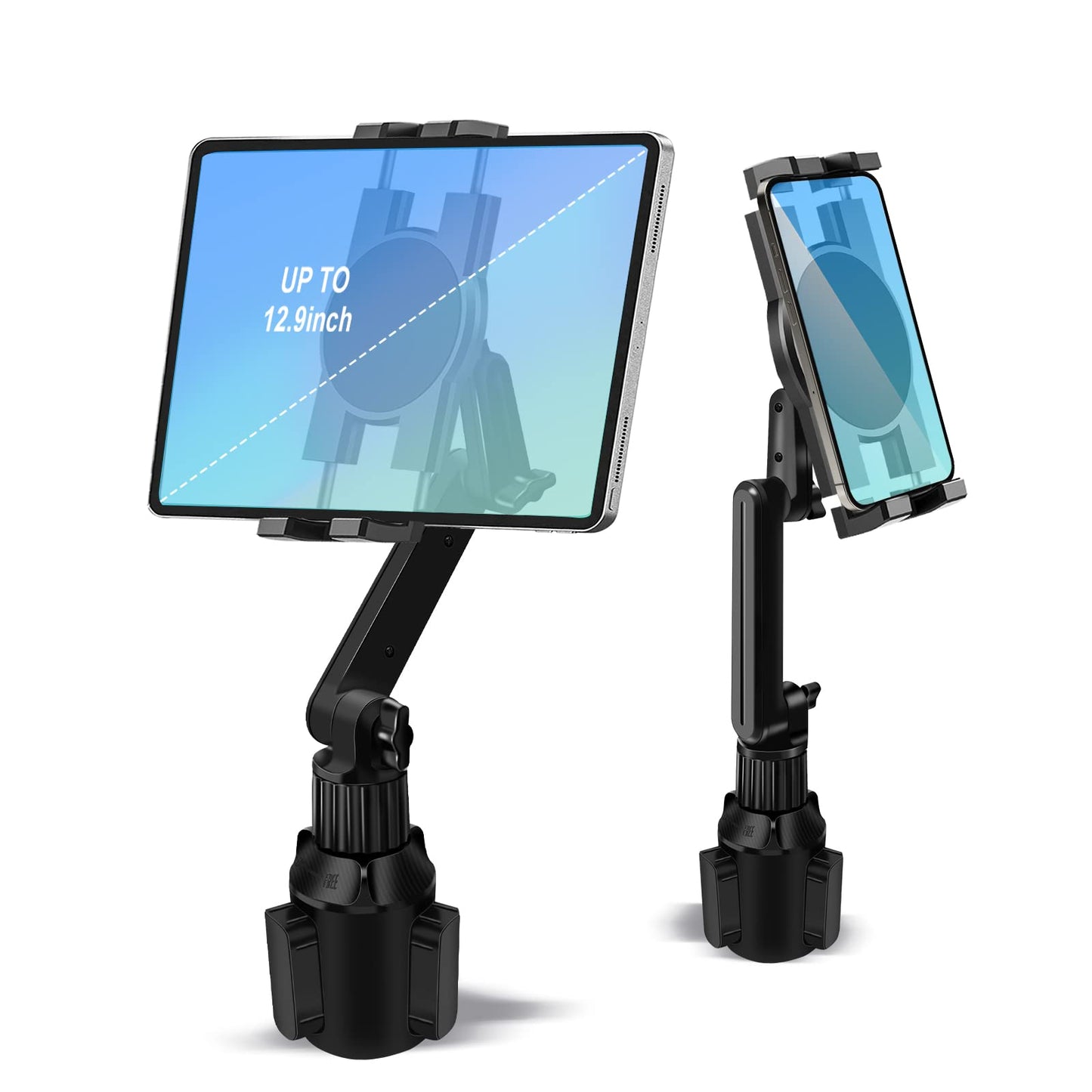 Cup Holder Car Tablet Mount for Truck, 360° Adjustable 15" Long 2-Arm Stand Holder for iPad Pro 12.9/11/10.5/9.7/Air/Mini 6/5/4, Galaxy Tab/Z Fold 6/5/4, iPhone 17/16/Pro, 4.7-12.9" Tab &Phone