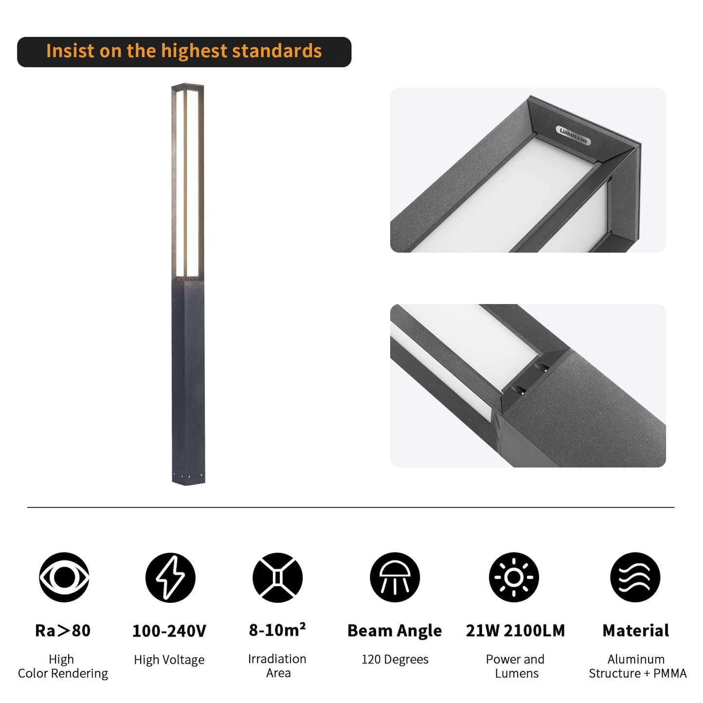 Linkmoon Landscape Path Light, 92" Modern Outdoor LED Luxury Bollard Lighting with IP65 Waterproof for Lawn Courtyard Driveway Pathway Decoration