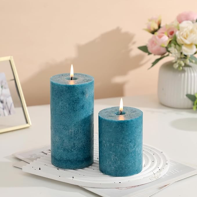 3x4 inch Blue Pillar Candles Set of 3, Unscented Pillar Candle, Dripless and Smokeless Large Candles, Candle for Home Decor, Dinner Table,Weddings, Holidays