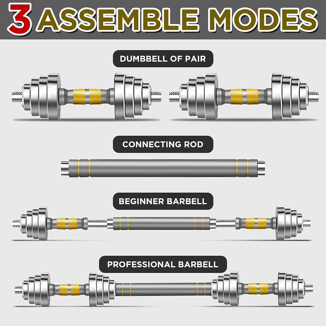 PHOEROS Adjustable Dumbbell Set - 44/66/88 LBS weights set, Dumbbell Barbell 3 in 1, Steel Dumbbells Pair with Connecting Rod for Adults Women Men Fitness Workout, Home Gym Exercise Training Equipment (44lbs)