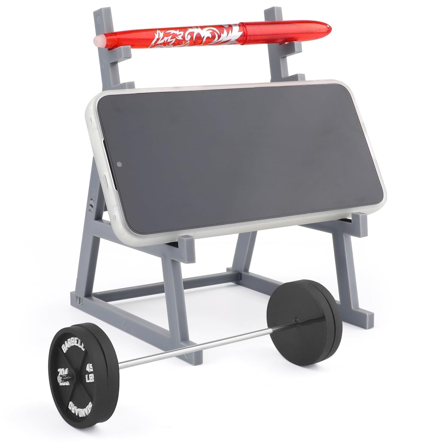 Squat Rack Pen Holder,Desktop Squat Rack with Barbells and Weights,Unique Mini Pen Organizer Barbell Rack Creative Phone Stand for All Fitness Enthusiasts and Weightlifting Fans