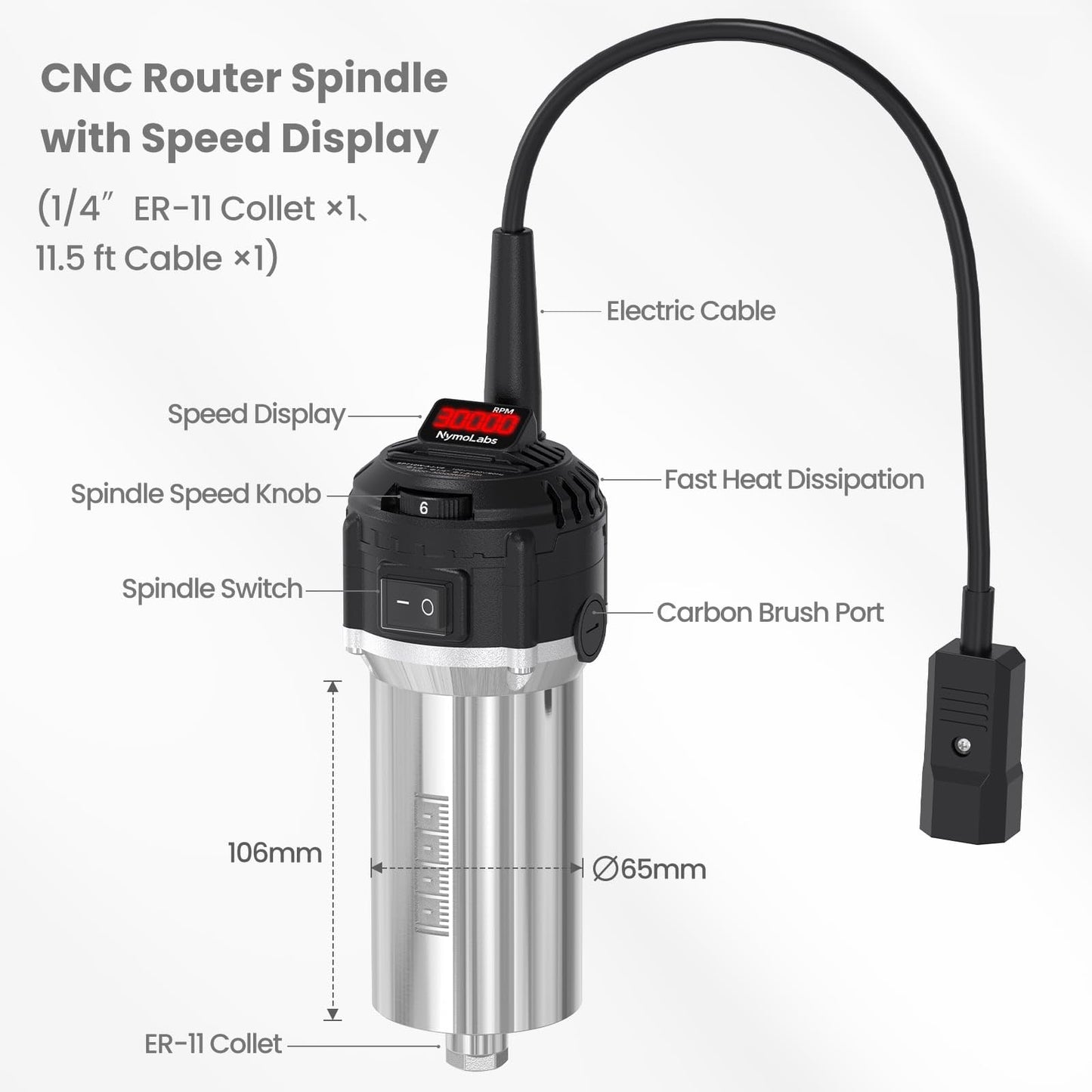 NymoLabs 710W CNC Router Spindle Motor with Speed Display, 6-Speed Adjustable (7000–30000 RPM), 65mm Diameter, 1/4" ER11 Collet, Compatible with CNC Routers, Milling and Engraving Machines