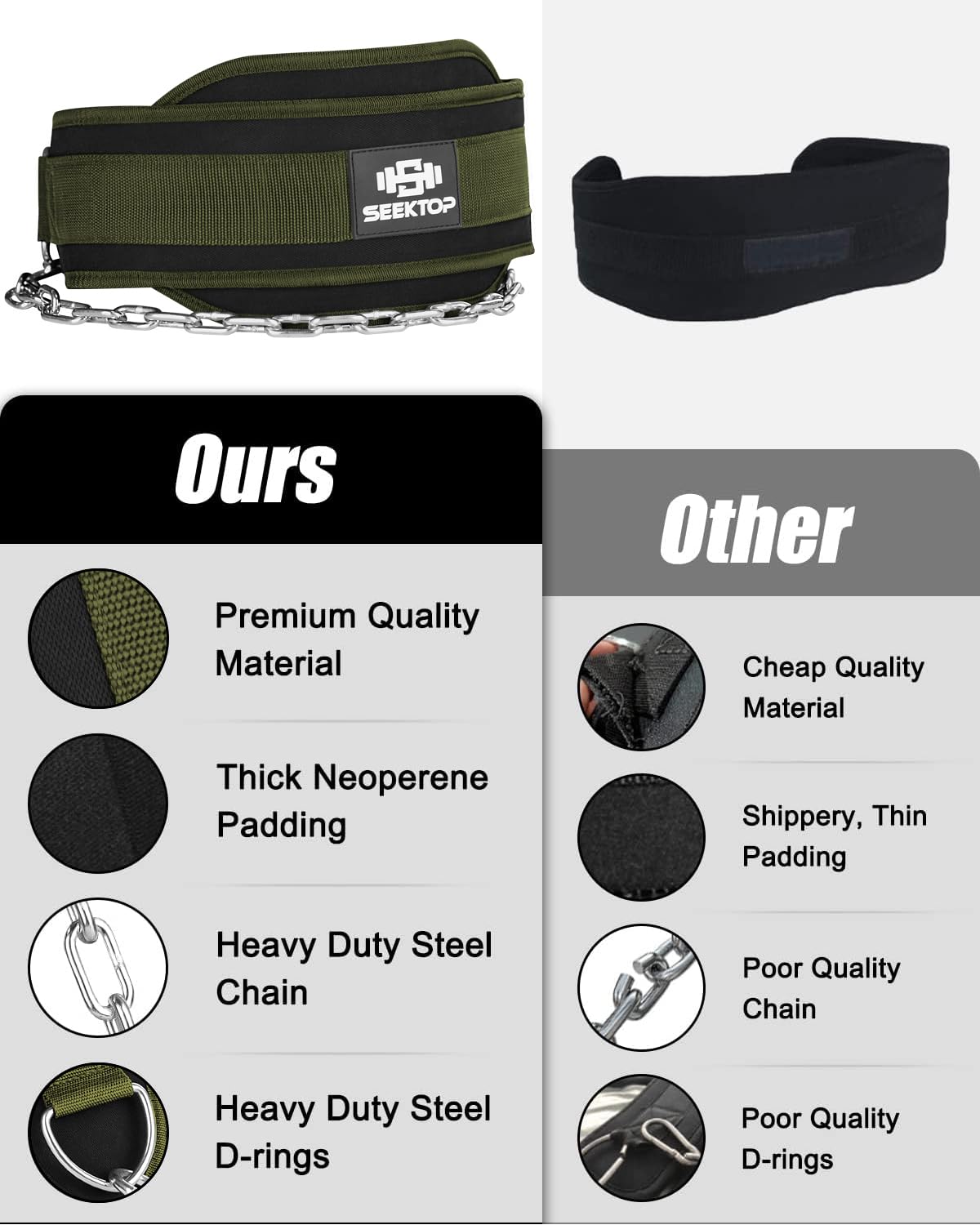 Seektop Dip Belt for Weightlifting - GYM Workout Pull Ups Belt with Chain, Neoprene Waist Dip Belt Crossfit for Weight Lifting, Squat, Training, Fitness, Men & Women (Belt & Chain) (Green)