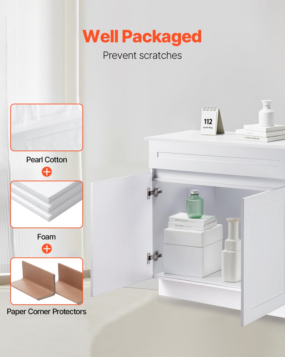 VEVOR White Shaker Base Cabinet, 36-Inch Unassembled Sink Base Cabinet, 36" W x 24" D x 34.5" H Ready to Assemble Cabinet with Soft-Close Doors and Adjustable Shelf, for Home Office
