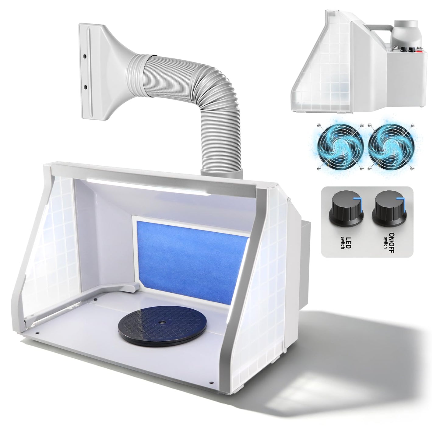 Anesty Airbrush Spray Booth with Dual Exhaust Fans, Stepless LED & Airflow Control, Portable Foldable Paint Booth with Turntable, Filter & Hose for Model Painting, Miniatures, Gunpla and Crafts