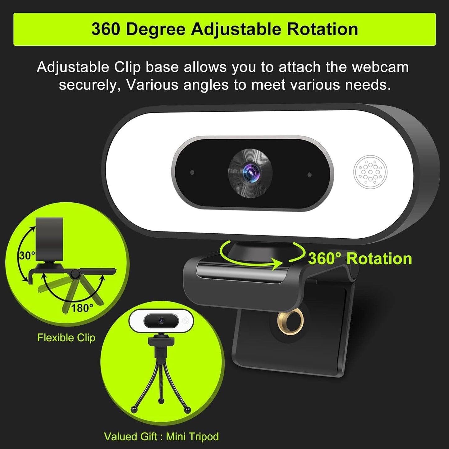 ToLuLu 1080P Webcam with Ring Light Microphone - Streaming Web Camera, Full HD Pro Camera for PC Mac Laptop Desktop