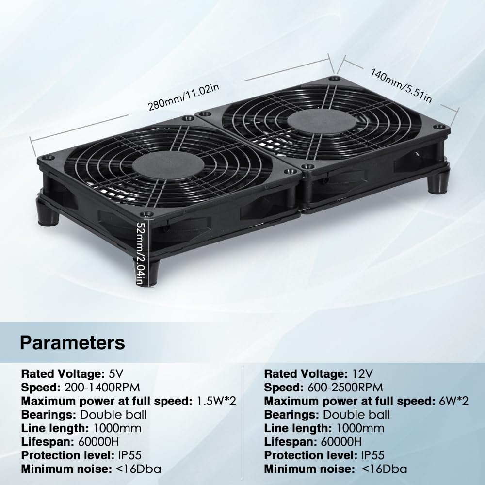 xiaoqijia Dual140mm 10-Speed IPX5 5V 12V Adjustable Cooling Case Fan for Receiver DVR Xbox TV Box Router USB/DC Power