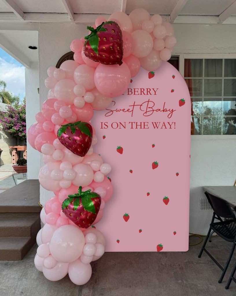 KONPON A Berry Sweet Baby is ON The Way! Pink Arched Backdrop Cover Strawberry Theme Stretchy Arched Stand Covers