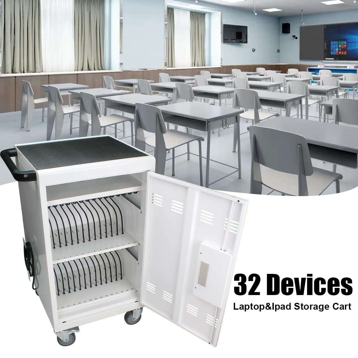 30-Device Mobile Charging Cart with Power Strip, Locks, Cable Management, Up to 16.3" Safe Charging Cabinet for Chromebooks, Tablets, Laptops. White with Code Lock