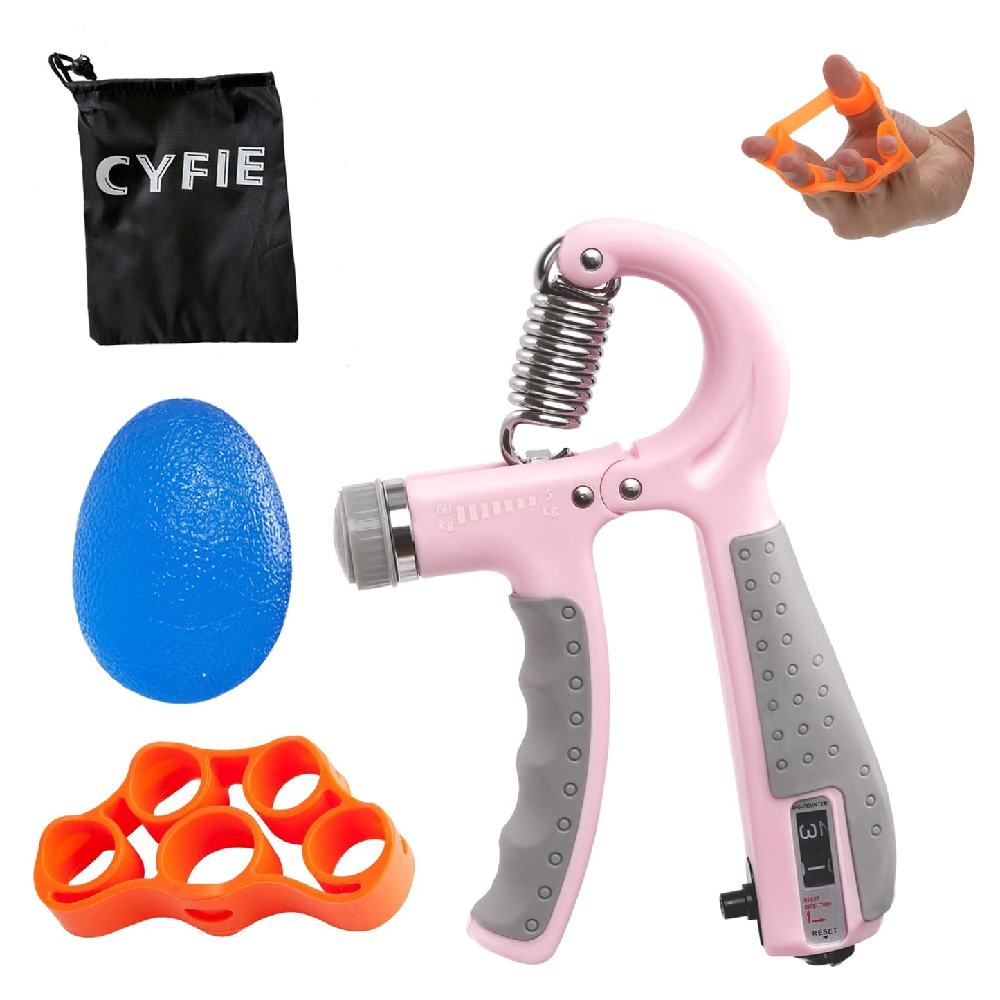 CYFIE Grip Strength Trainer Kit with Adjustable Resistance 10-132 Lbs, Hand Grip Strengthener, Finger Strengthener, Stress Relief Ball, Forearm Strengthener, Ideal for Athletes and Physical Therapy
