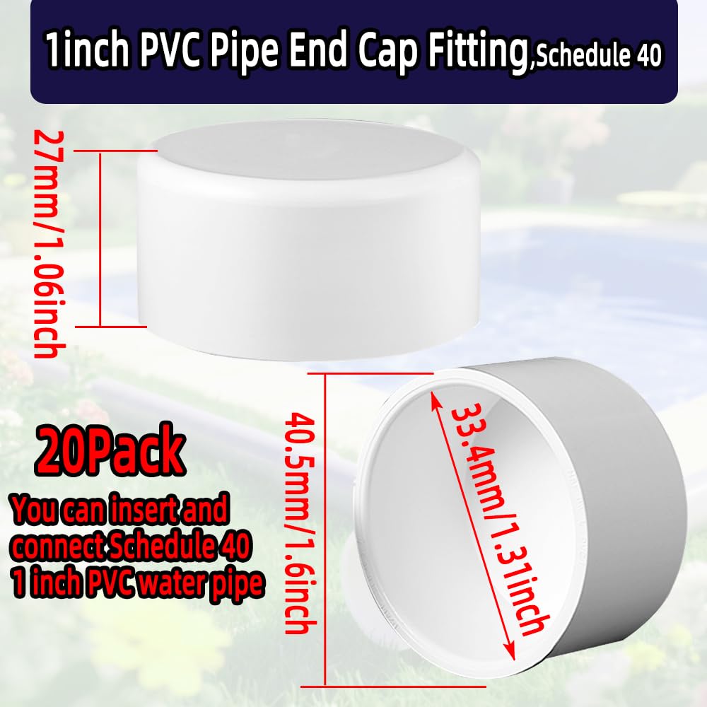 YONYONICE 20Pack 1inch PVC Pipe End Cap Fitting,Schedule 40, 1" PVC Pipe End Cap Plug Adapter for Cold Water Supply Lines, Garden Irrigation,Pipe Fitting Systems& DIY Garden Shelf,White.