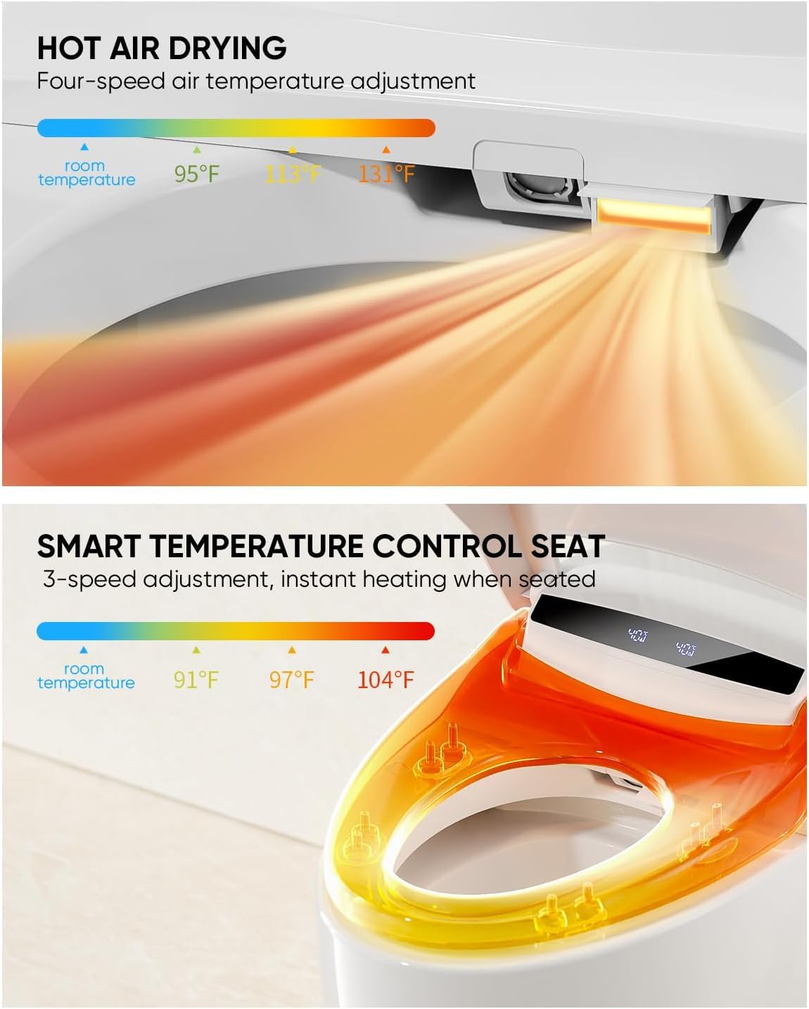 TDH Smart Toilet, Tankless Toilets with Foot Sensor Operation, Heated ToiletSeat with Warm Water Sprayer and Dryer, LED Display with Fahrenheit, Round Toilet Seat