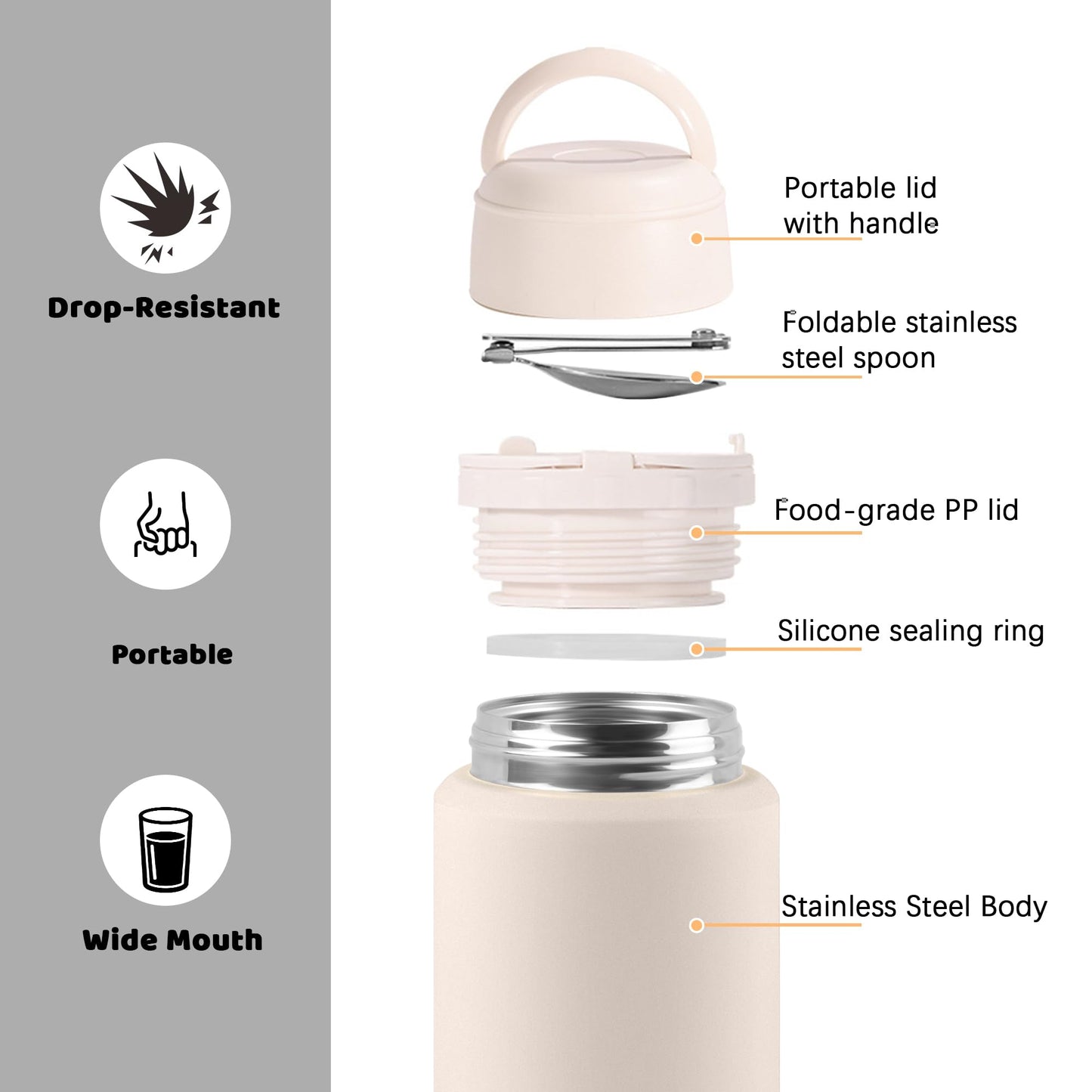 Thermo for Hot & Cold Food, 25oz Insulated Food Jar with Handle Spoon, Thermal Lunch Container, 316 Stainless Steel Lunch Box for Men Women, Keeps food Hot for 12 Hours or Cold for 24 Hours(White)