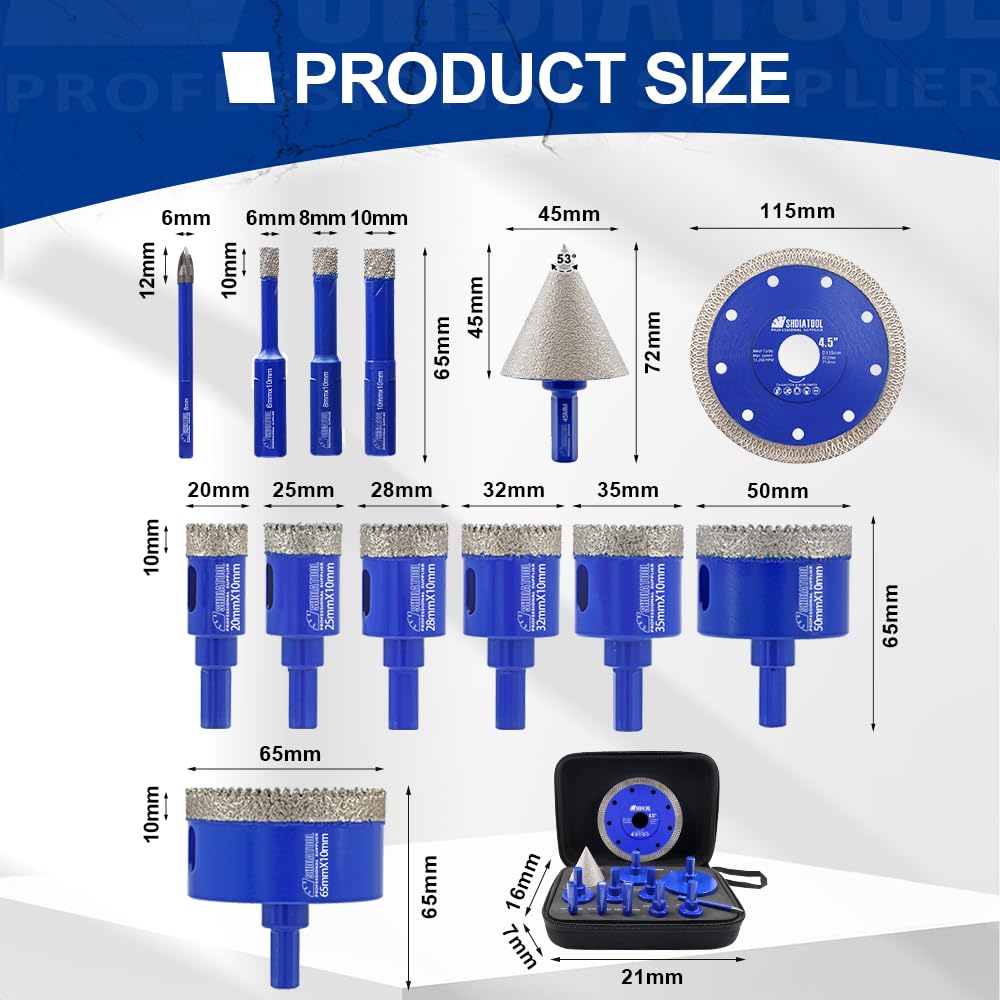 SHDIATOOL Diamond Drill Bits Kit - Core Bits Hole Saw Sets,Mould Guide for Drilling Porcelain Tile Marble Ceramic Granite with Hollow EVA Guide Jig 13pcs(6/8/10/20/25/28/32/35/50/65/1-3/4in+4.5in+6mm)