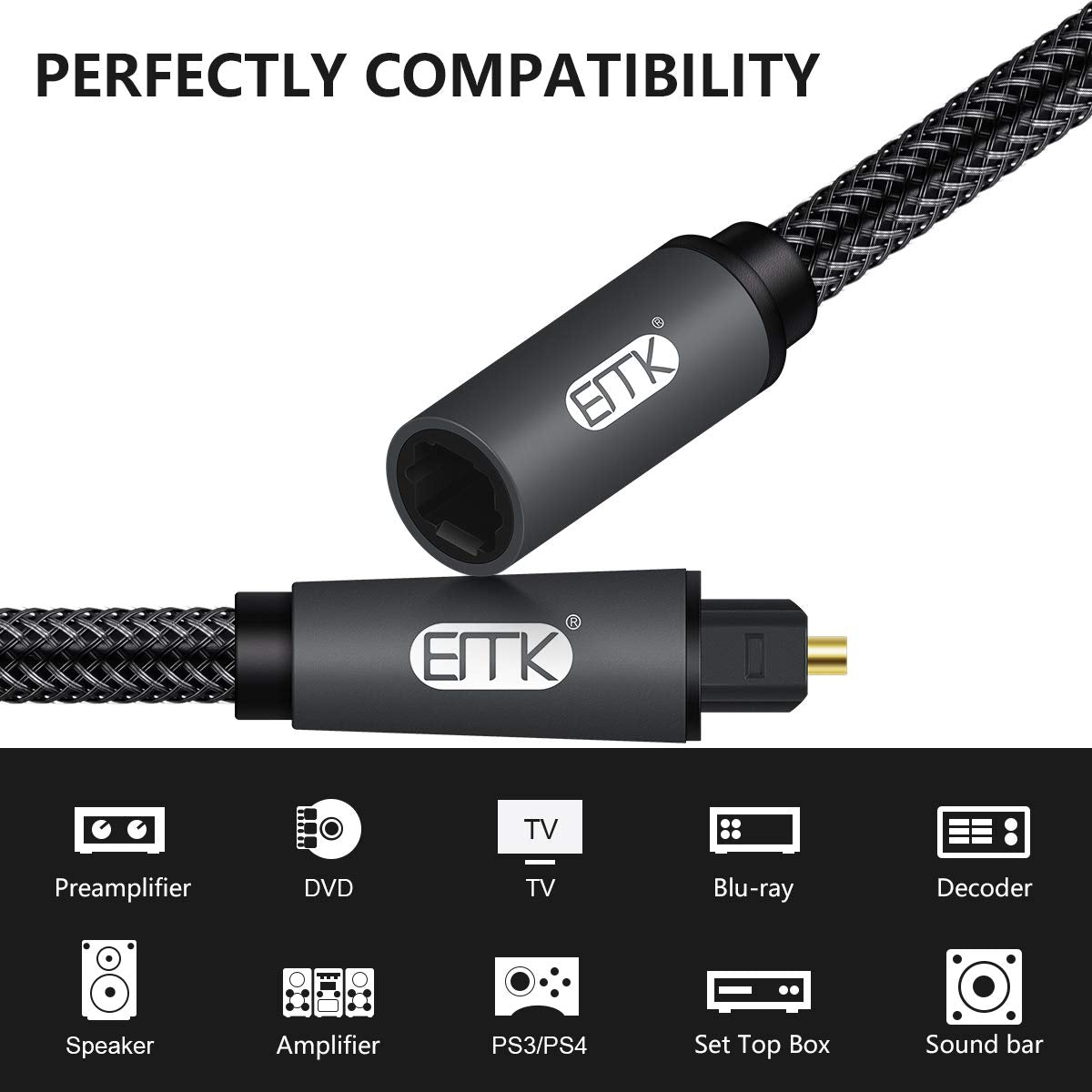 24K 3.3ft EMK Optical Extension Cable Male to Female Coupler Cord Nylon Braided Jacket Gold-Plated Fiber Digital