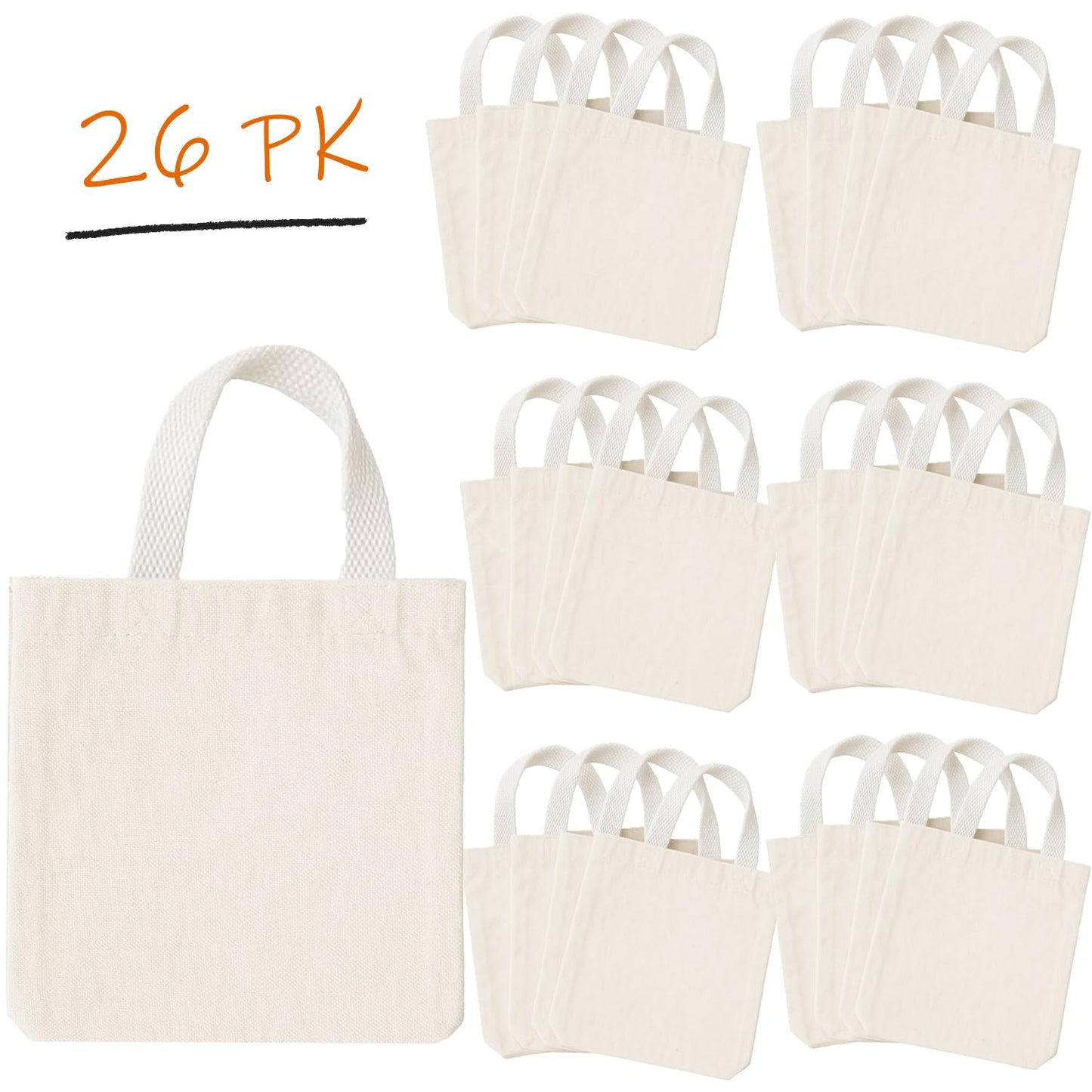 GiftExpress 26 Pack Canvas Tote Bags - 8" x 8" Reusable Small Canvas Bag in Natural Color - Bulk Small Goody or DIY Craft Bags w/Handles