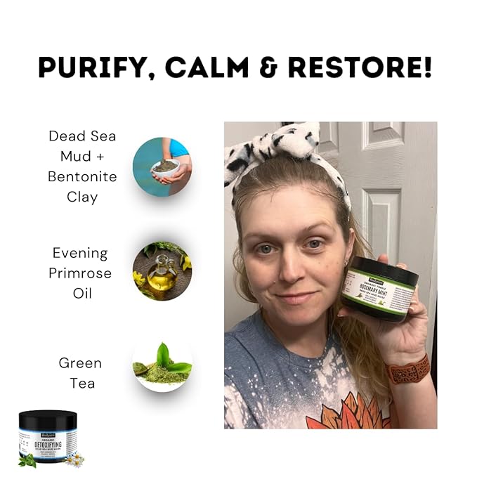 Dead Sea Mud Mask 4 Pack 2 Detox and 2 Rosemary Mint Hydrating Clay Masks with Bentonite and Kaolin Clay Whipped Texture Non Drying Pore Minimizer for Face 8 oz Each, 4 jars