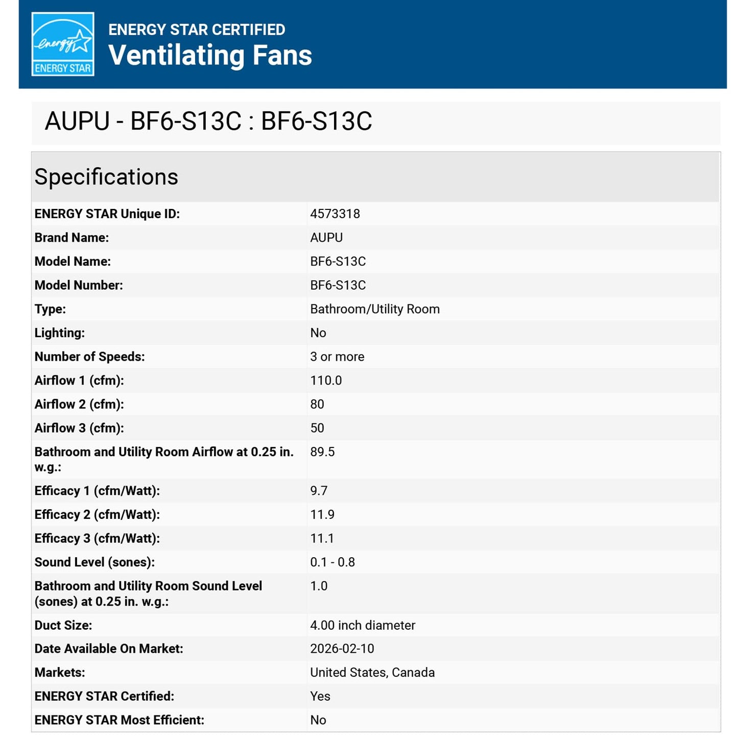 AUPU Bathroom Exhaust Fan with Humidity Sensor,HVI&Energy Star Fan,50-80-110 CFM Household Extractor Fan,Time Delay Function,Ventilation Fan with Retractable Bracket,4''Duct,Ceiling Mounted