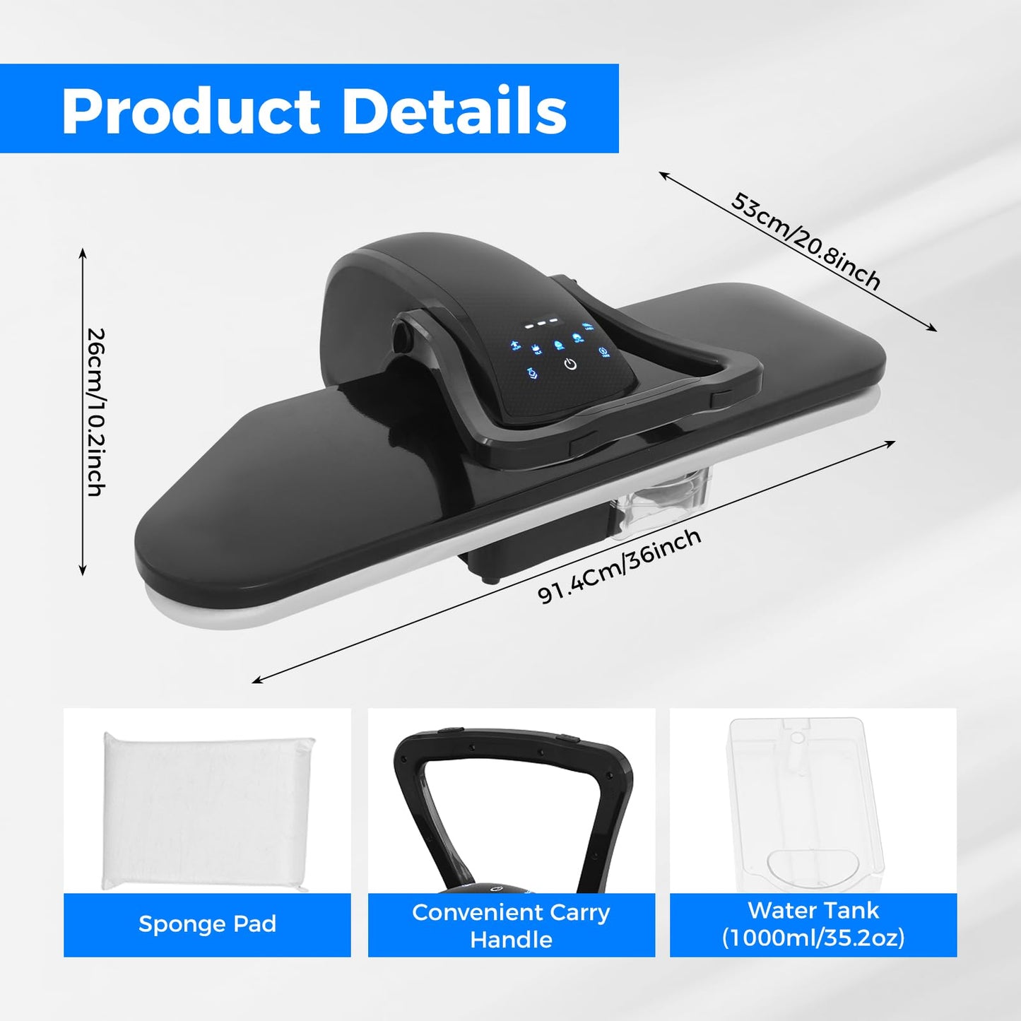 Bepritm 1600W Steam Iron Press for Clothes, 36" Intelligent Steam Press Professional Iron Press Machine w/5 Fabric Modes & Digital Touch Screen, Shirt Press Machine for Clothes, Sheets (36Inch Black)