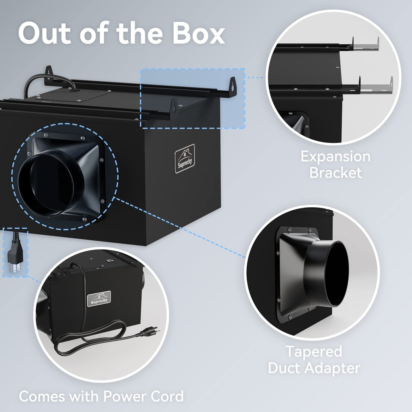 SUPROCKY Ultra Quiet Bathroom Exhaust Fan, Remote Mount In Line Fan, Exhaust Ventilation Fan for Bathroom, Kitchen, Garage and Residential Ventilation, Black, 300CFM