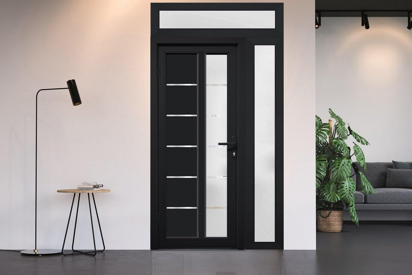 VDOMDOORS Front Exterior Prehung Fiberglass Door Frosted Glass/Manux 8088 Matte Black/Side and Top Exterior Window/Entrance Patio Garage-W30+16" x H80+14"-Right-Hand Inswing