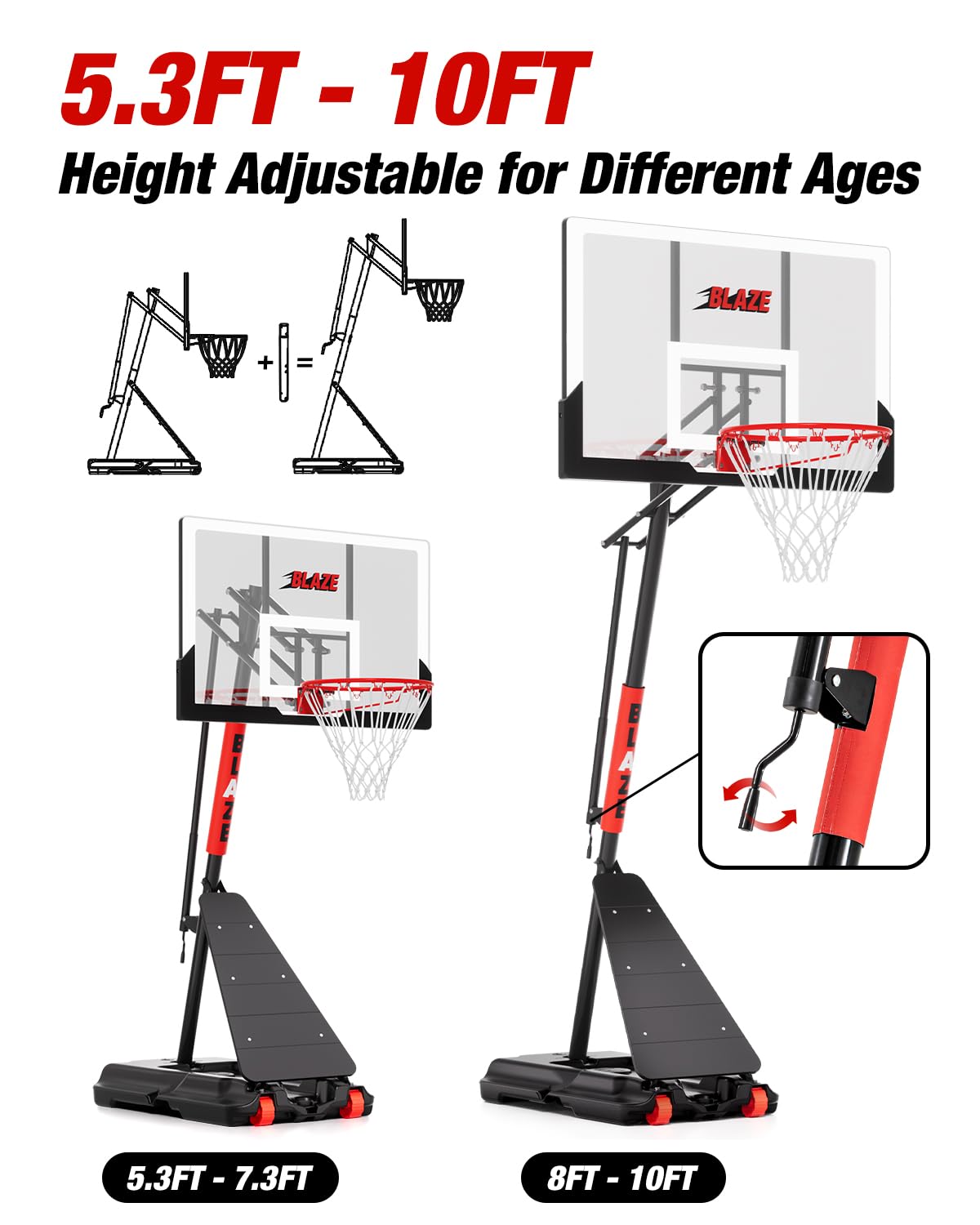 Mayfire Basketball Hoop Outdoor 10 FT Height Adjustable, Portable Basketball Goals Systems with 45" Backboard for Youth Adults Kids - Backyard, Driveway, Indoor Play