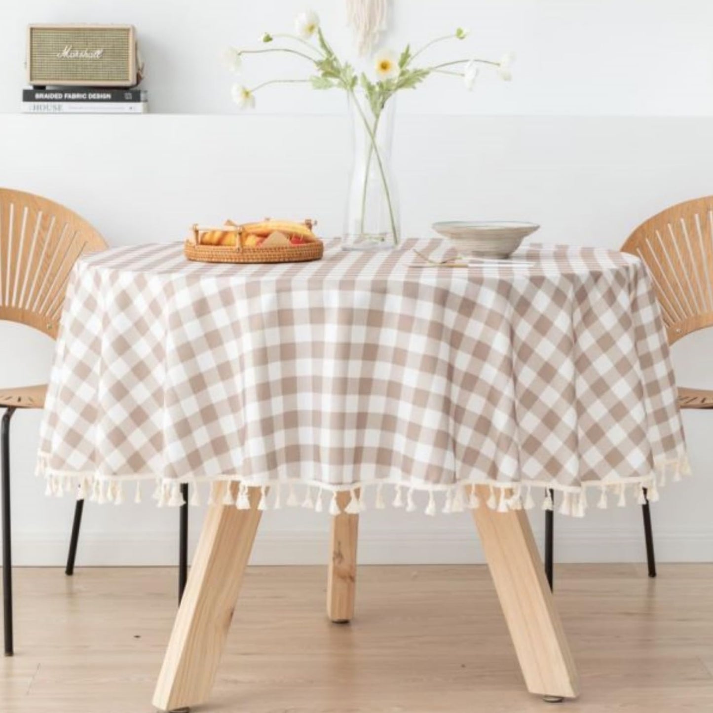Rakila Polyester Checkered 48 Inch Round Tablecloth with Handmade Tassel Waterproof Wrinkle Free Table Cover for Kitchen Party Outdoor, Khaki Style 1