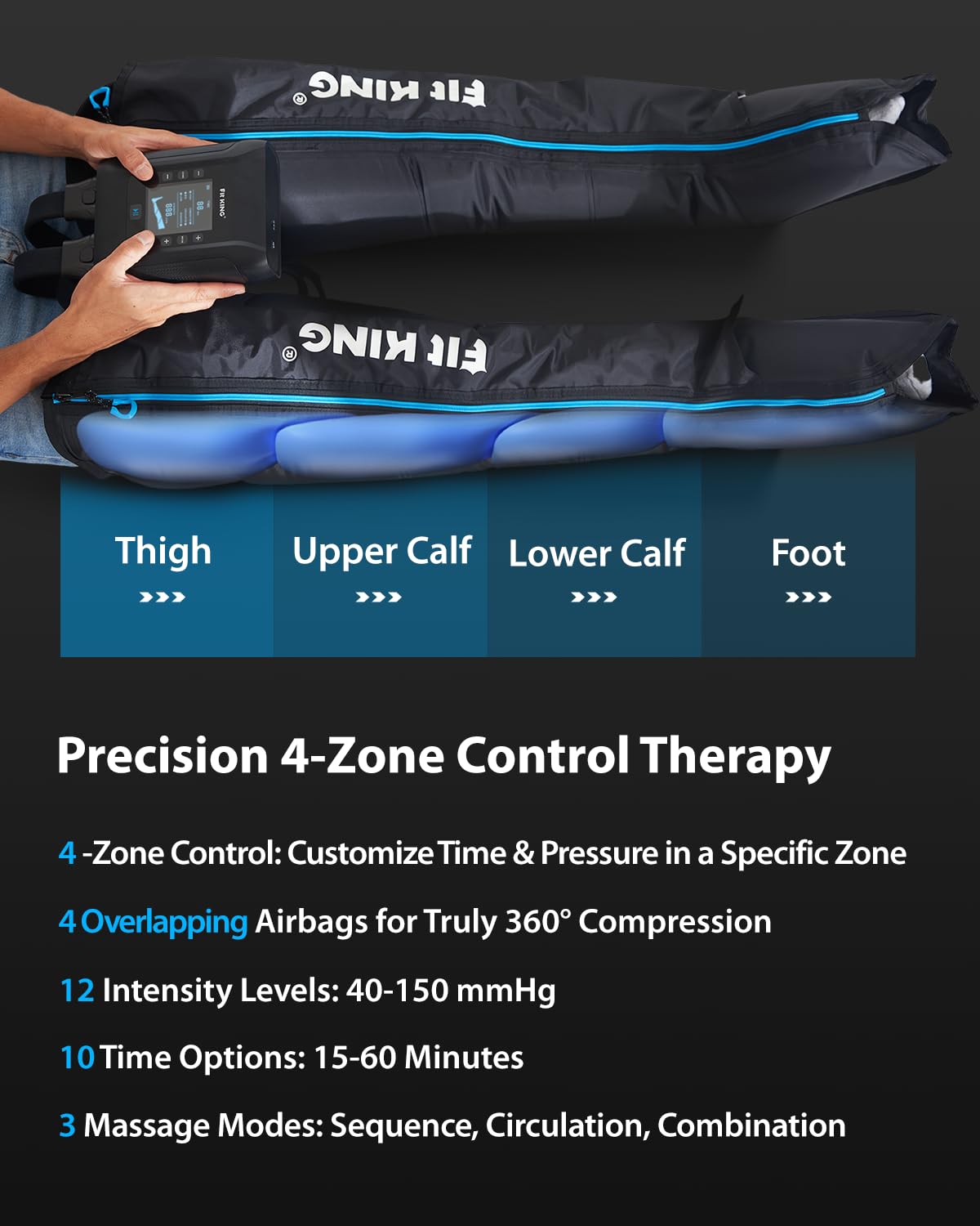 FIT KING Professional Air Compression Leg Recovery System, Cordless Rechargeable Leg Compression Massager Boots for Fast Recovery & Improved Circulation, Compression Boot for Athletes (Medium)