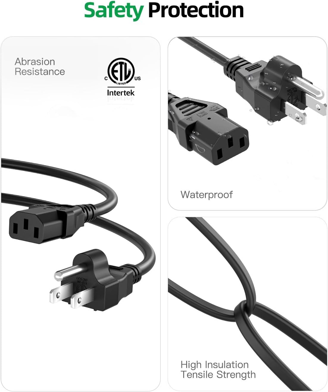 Superer 5 3 ft Prong AC Power Cord Universal Black Power Cable for Monitor, TV, Computer, Printer, PSU, and More