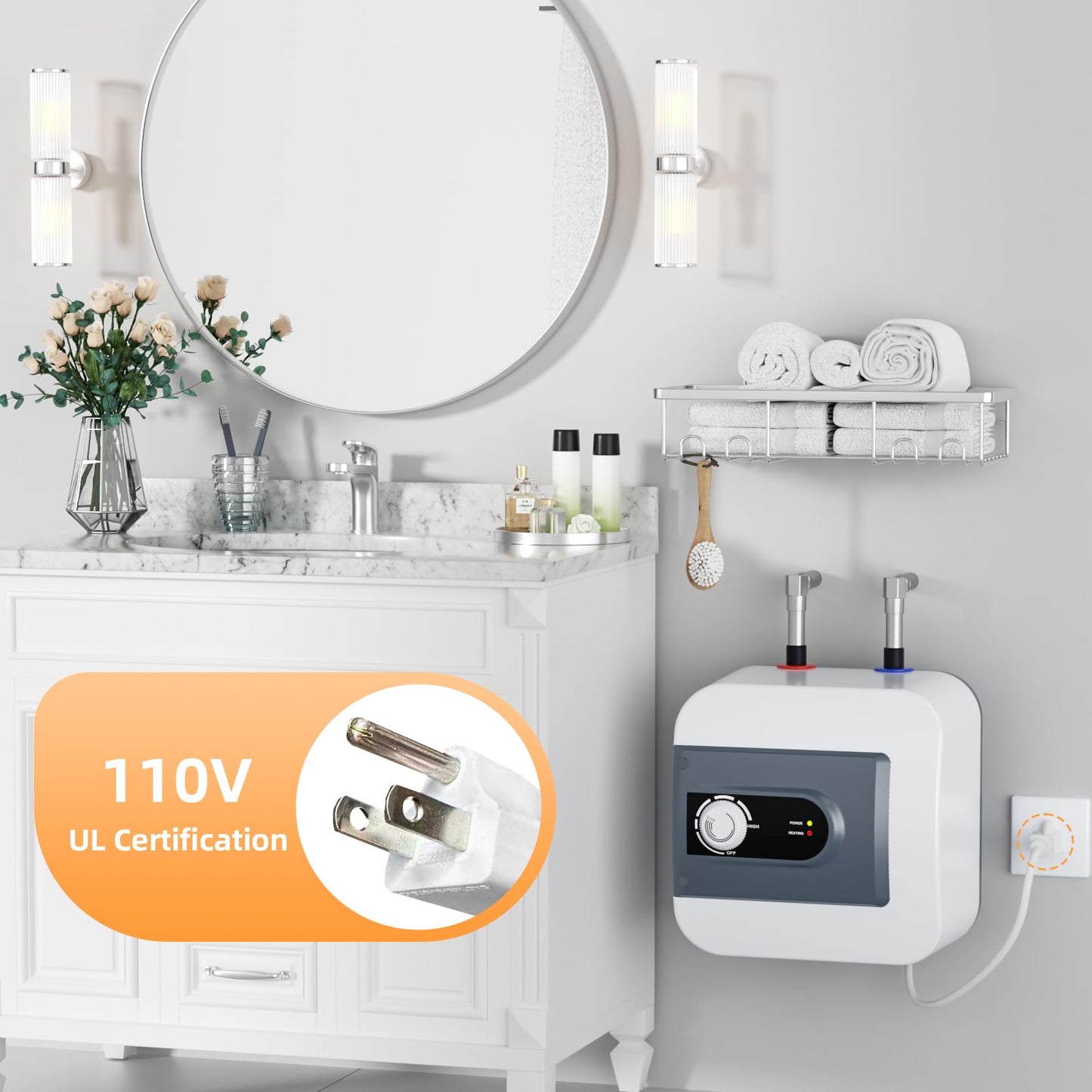 Electric Mini Tank Water Heater, 8Gallon Under Sink On Demand Hot Water Heater, Wall or Floor Mounted, 1500W Point of Use Instant Hot Water for RV Kitchen Bathroom Restaurant