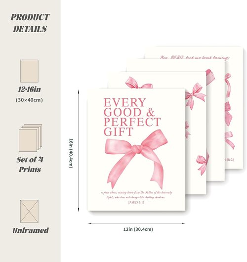LARTSFRO Coquette Pink Bow Wall Art Decor - Inspirational Bible Verses | Set of 4 Unframed 12x16 Inch Prints for Teen Girls' Rooms