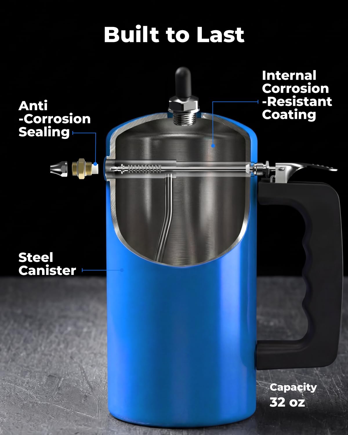 toolant 32 oz Refillable Pressurized Sprayer, Steel Canister, Rust-Resistant Lining, Needle Valve Leak-Resistant, 1.0/0.6 mm Nozzles, Funnel Included, 200 PSI Max, for Brake Cleaner & Solvents, 2 pcs