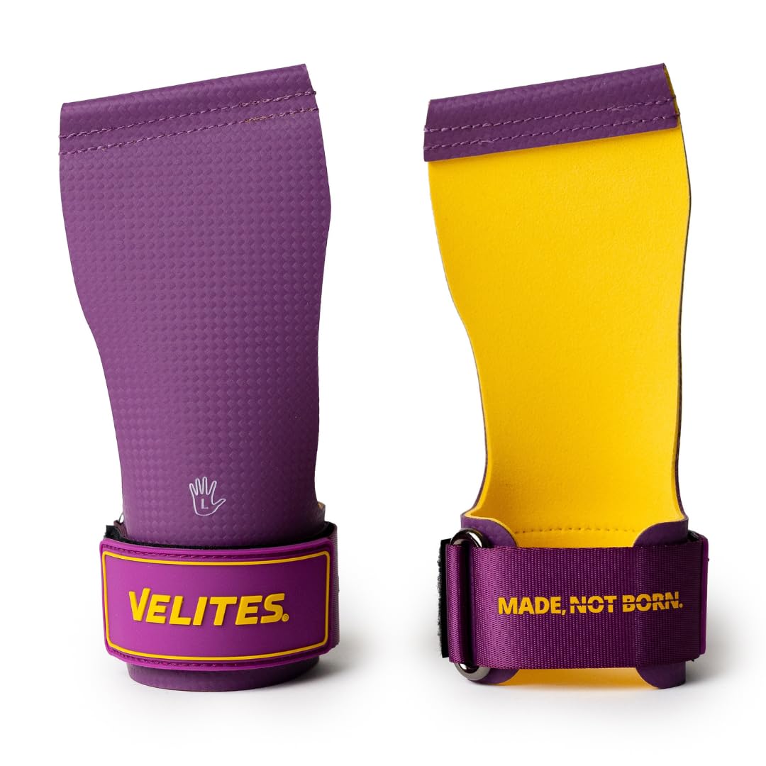 Velites - Official CrossFit® Games Quad Ultra Grips - Size M Color Purple Mustard - No chalk and smooth bars - Wristbands and carry bag included - Pull-ups, muscle-ups and toes to bar