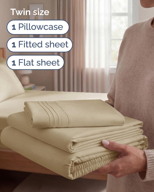 Comfy Twin Size 3 Piece Sheet Set by [Brand Name] - Breathable, Cooling & Ultra-Soft Bedding - Deep Pockets, Wrinkle-Free - Oeko-Tex Certified, Beige
