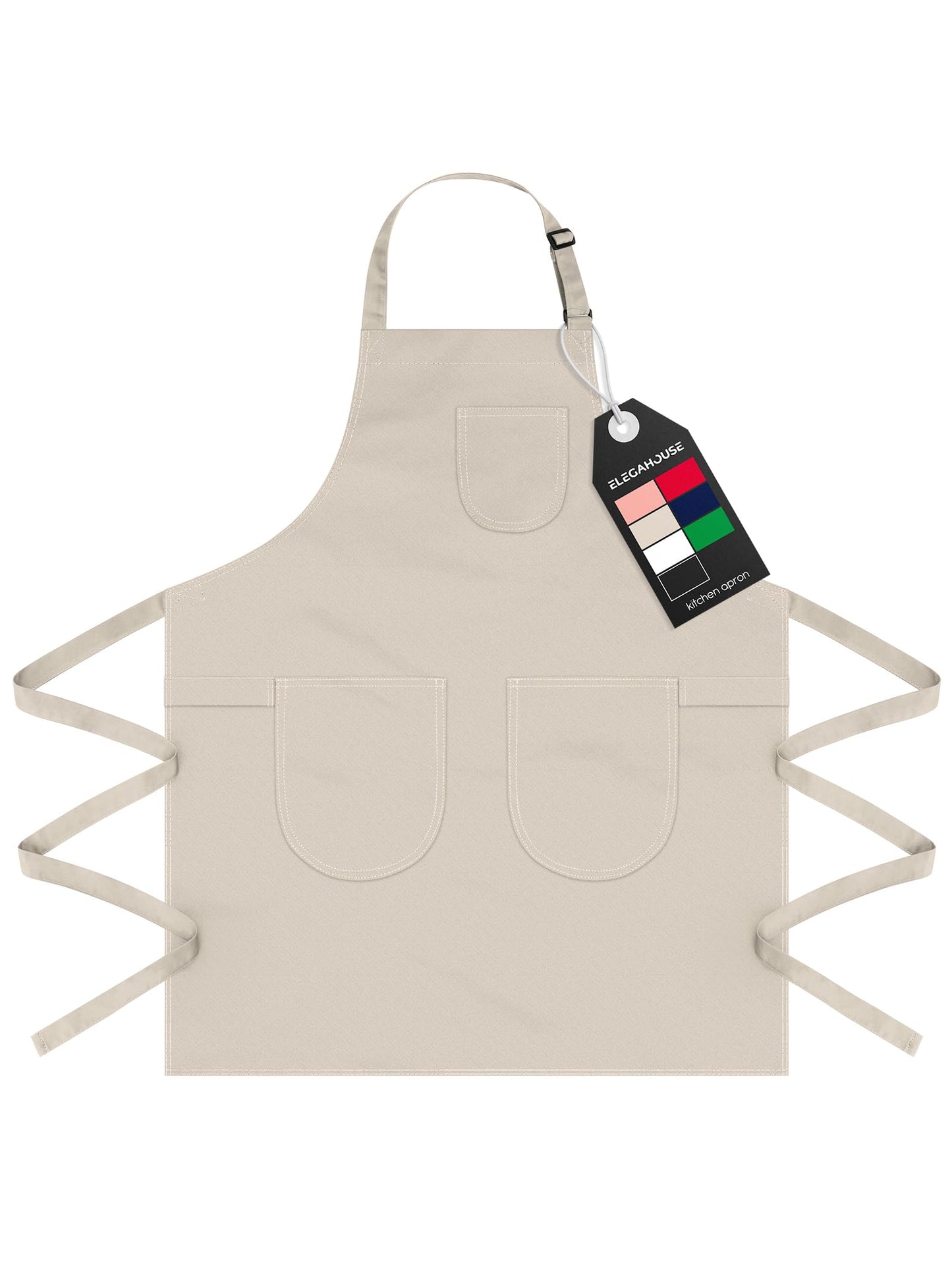 ELEGAHOUSE Unisex Apron with Pockets for Cooking, Salon & Art - 100% Cotton Adult Kitchen, Chef, Stylist Apron (Beige)