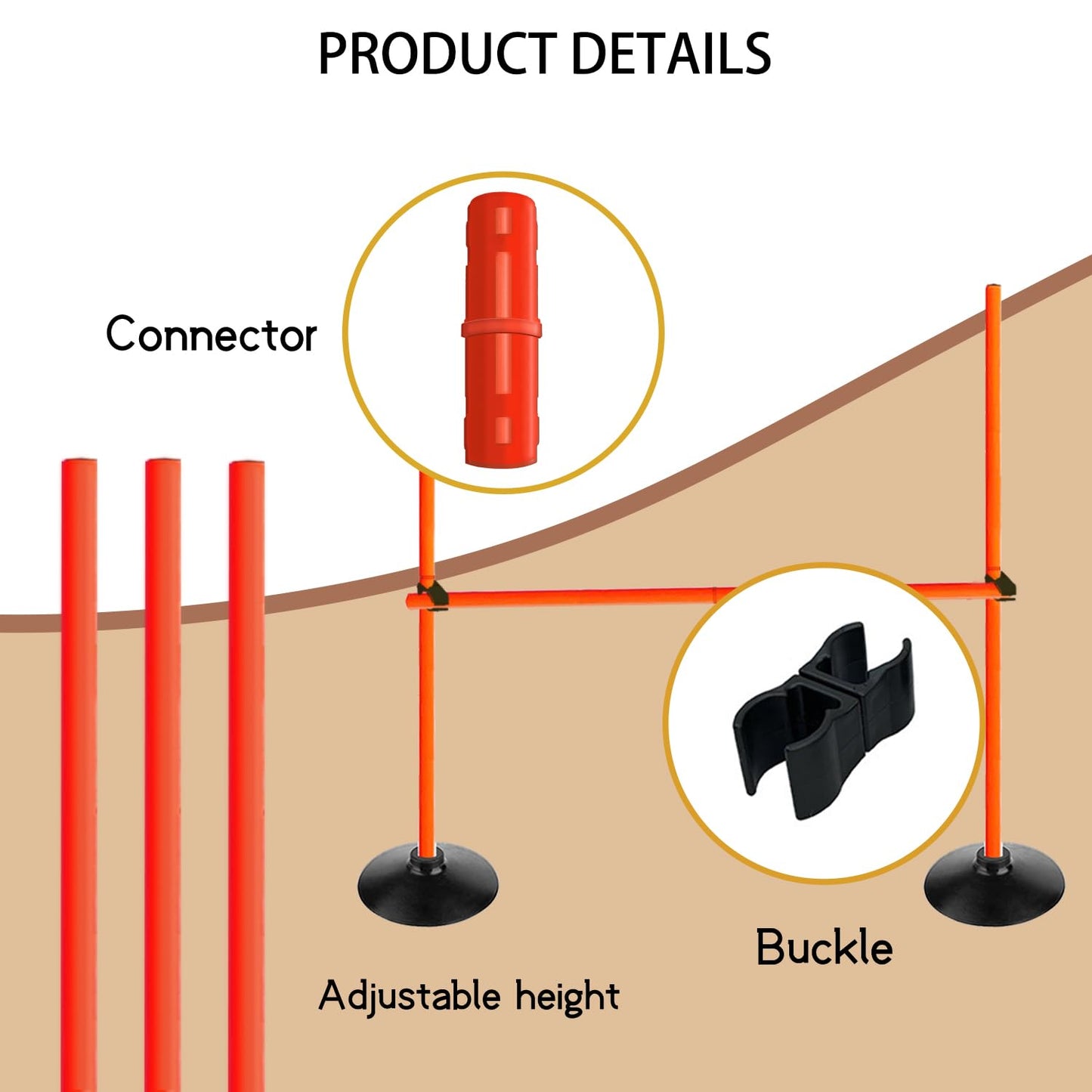 Voodans Orange Adjustable Height Agility Hurdle Set Multi-Function Soccer Trainning Pole Set Coaching Sticks with Rubber Base (Pack of 3, 3.3 FT)