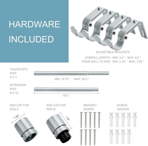 Byondeth Adjustable Curtain Rods - 16 to 200 Inches, 1 Inch Diameter, Silver Gray with Aluminum End Caps