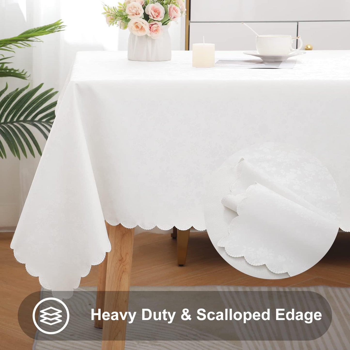 Smiry Rectangle Table Cloth, Waterproof Heavy Duty Vinyl Tablecloths, Wipeable Washable Table Cover for Kitchen and Dining Room (White, 60" X 140")