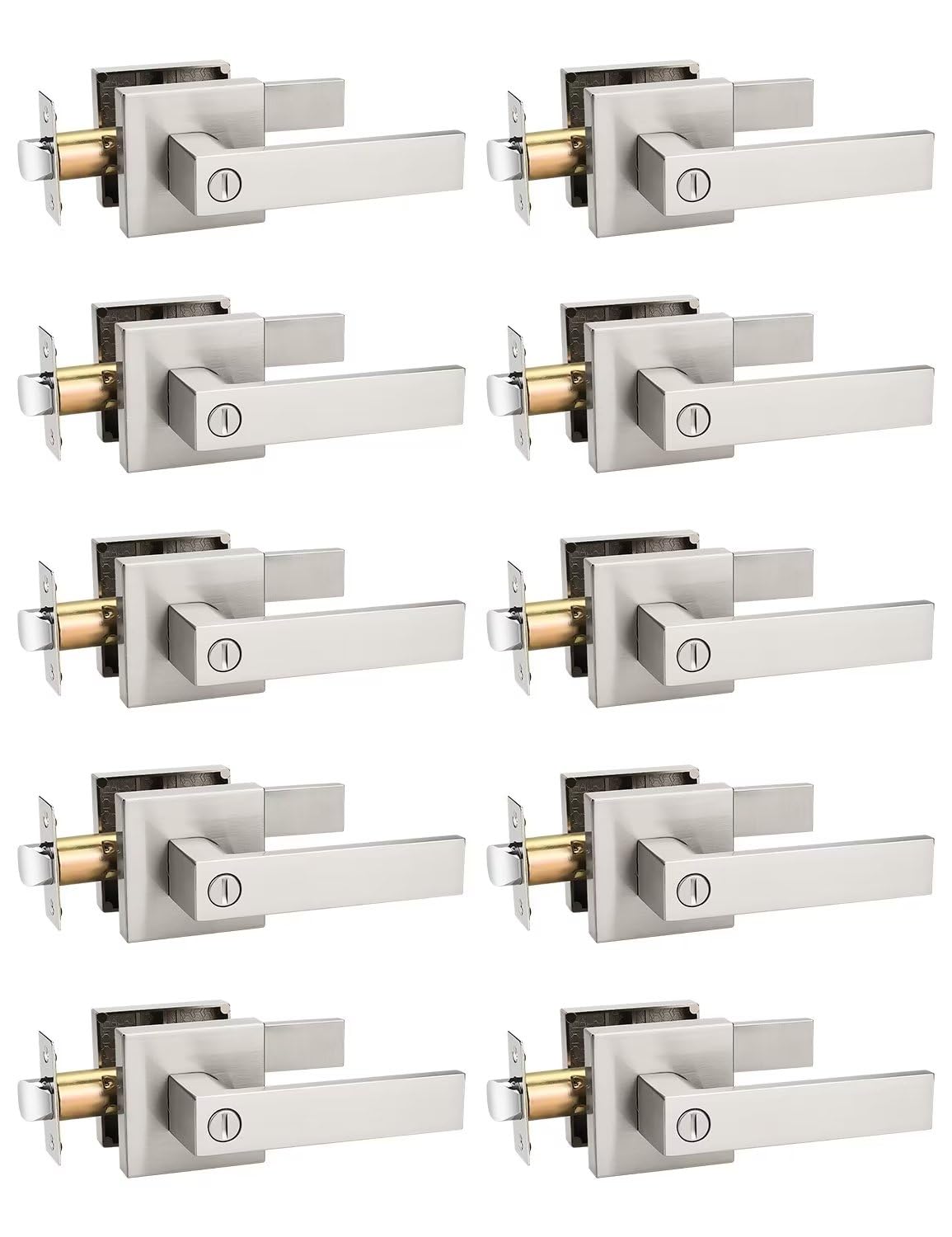 Tinewa 10 Pack Privacy Square Brushed Nickel Door Handles Interior, Keyless Door Knobs for Bedroom/Bathroom, Reversible for Left Right Handed Doors