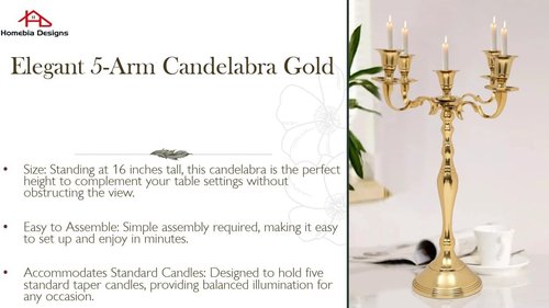 Metal Candelabra | Five Arm Decorative Candlestick Holder - 16 Inch Tall - Elegant Gold Centerpiece for Weddings & Events