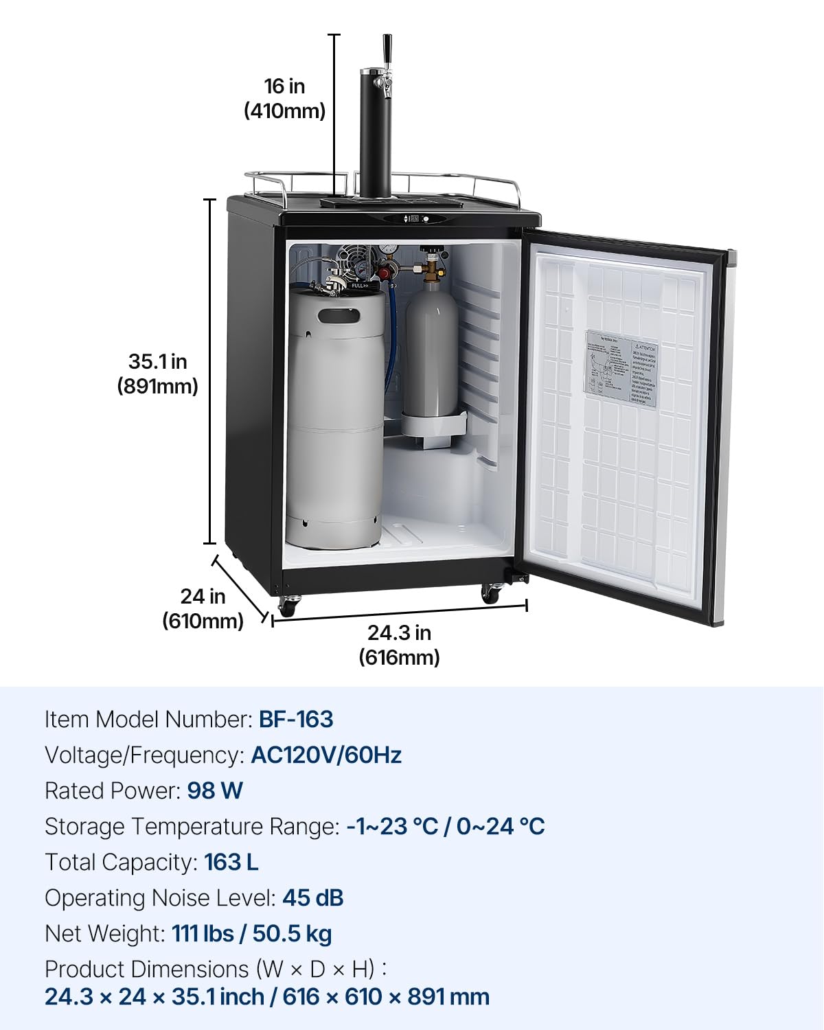 VEVOR Beer Kegerator, Single Tap Commercial Draft Beer Dispenser for D system, Full Size Keg Refrigerator with 5lbs CO2 Tank, Hold 2 Sixth / 3 Ball lock keg, Silver