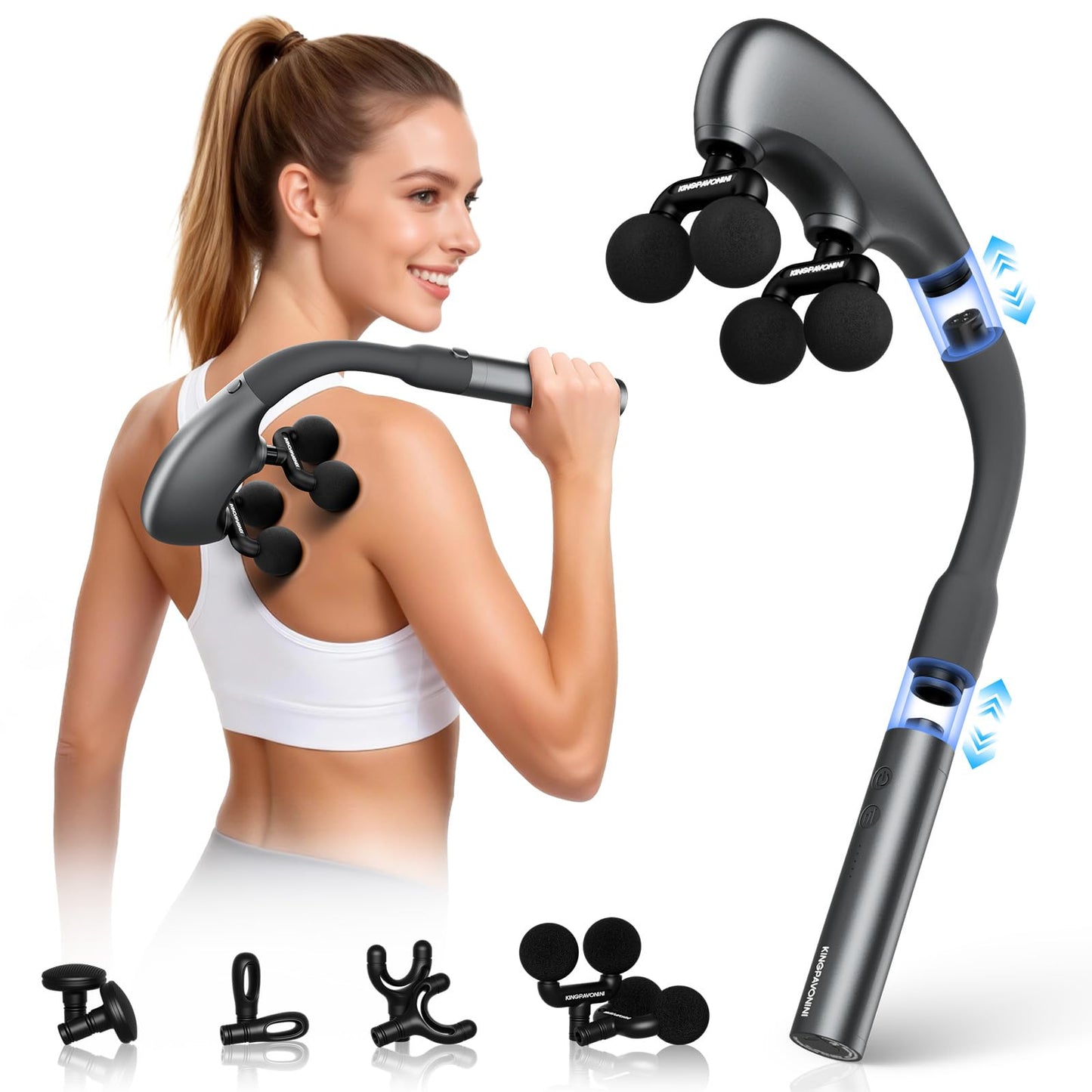 KingPavonini Multi-Head Detachable Massage Gun Deep Tissue with Extension Handle, Large Coverage Alternating Percussion Massager Gun for Pain Relief, Handheld Back Massage Gun, Gift for Men Women