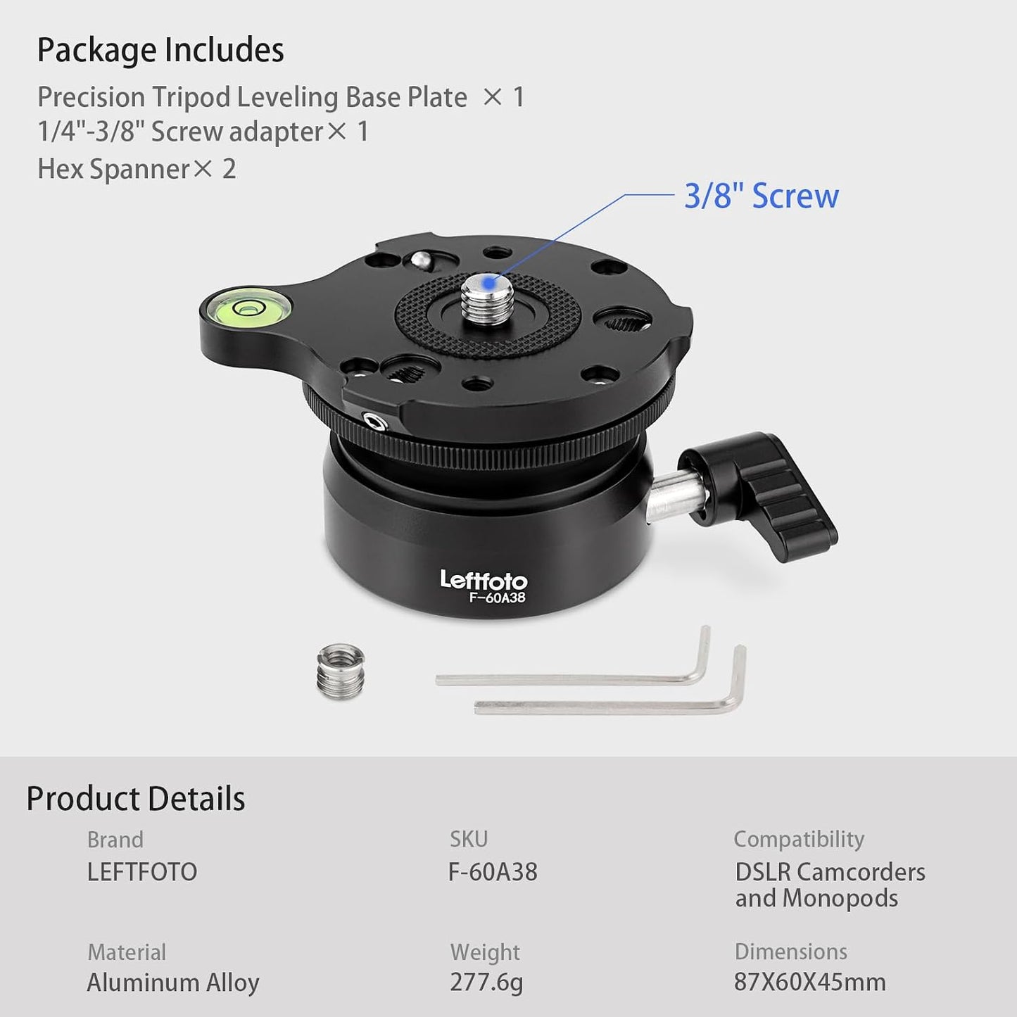 Leftfoto 360 15 10kg/22lbs Precision Tripod Leveling Base Plate Half Ball Leveler with Rotation and +/- Tilt Compatible
